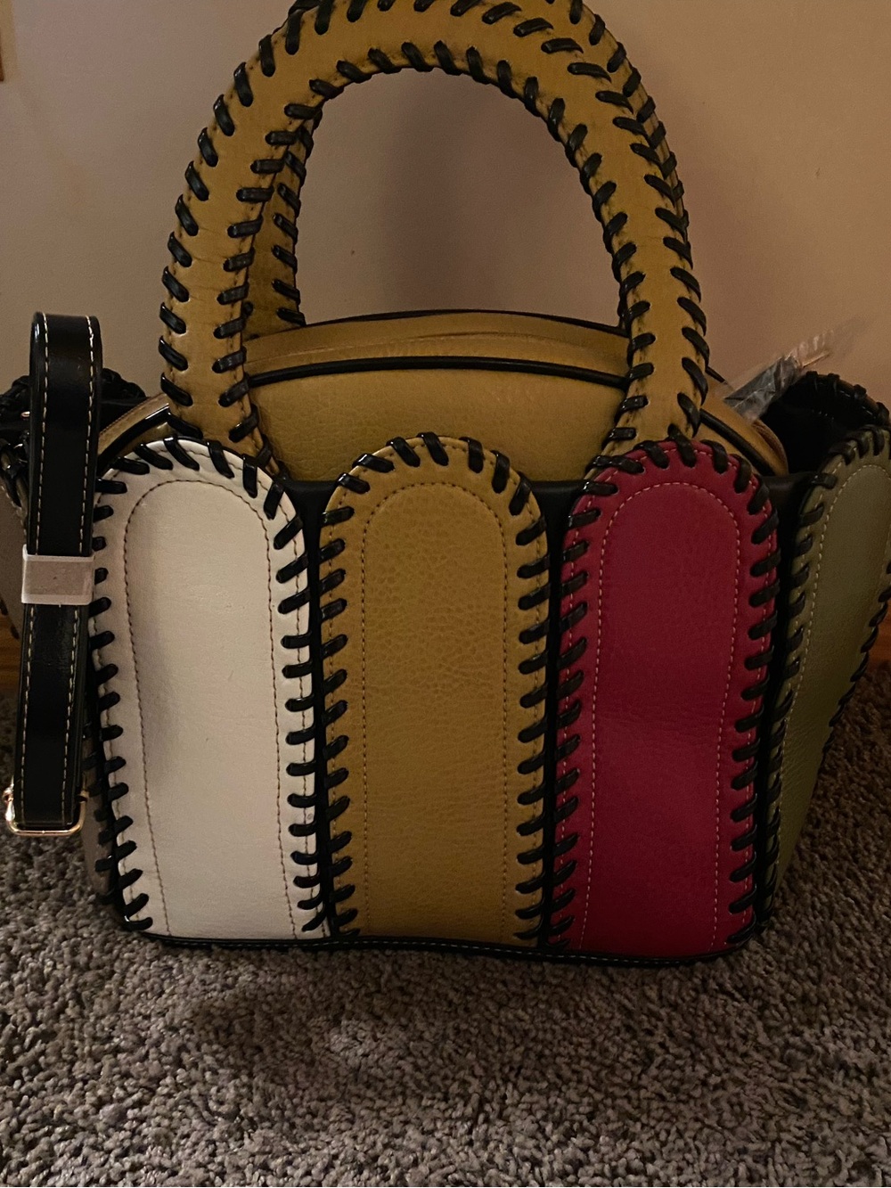 Vintage Leather Multi-Color Panel Top-Handle Bag - Mustard, White & Red